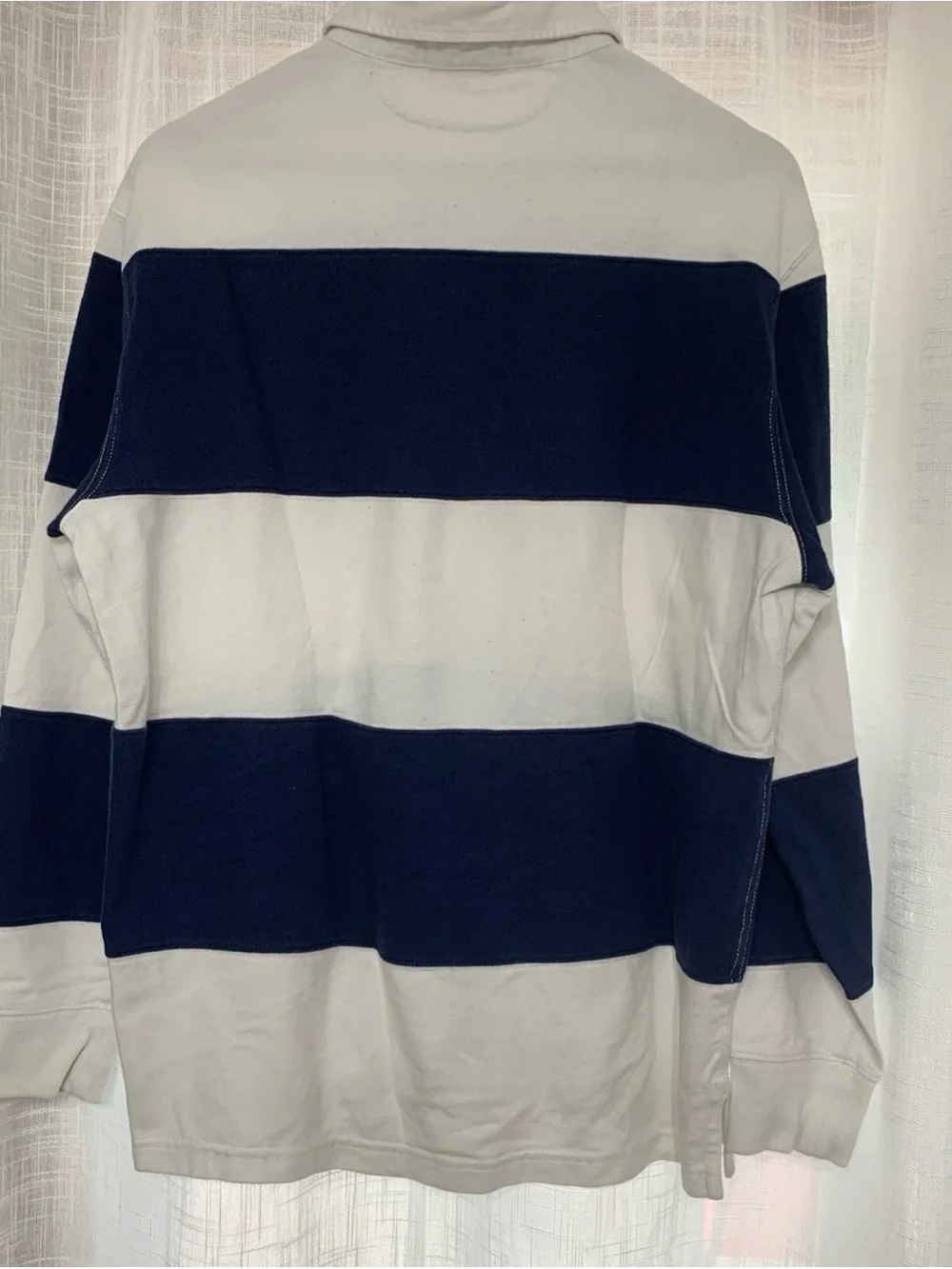 Ralph Lauren Men's Navy and White Striped Rugby Polo with Gold Pony Oversized